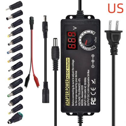 AC to DC Power Supply Adjustable Laboratory Supply Power Source 3V-24V-3A Portable Universal Adapter EU/US Plug Alligator Clip