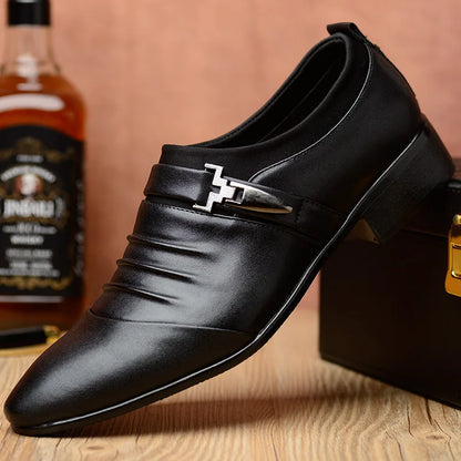 Classic Men Dress Shoes Slip on Black Leather Shoes for Men Plus Size Point Toe Business Casual Men Formal Shoes for Wedding