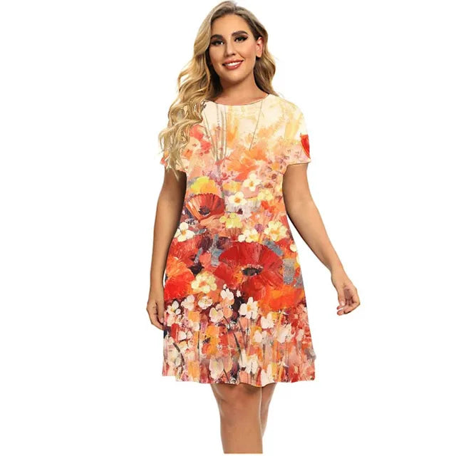 Women's Plant Flower Print Dress Short Sleeve Loose A-line Dress O-neck Casual Dress Plus Size Summer 