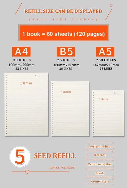 A4/B5/A5 Loose Leaf Refill Binder Notebook Blank/Line/Grid/Cornell Replacable Metal Ring Office&School Supplies Stationery