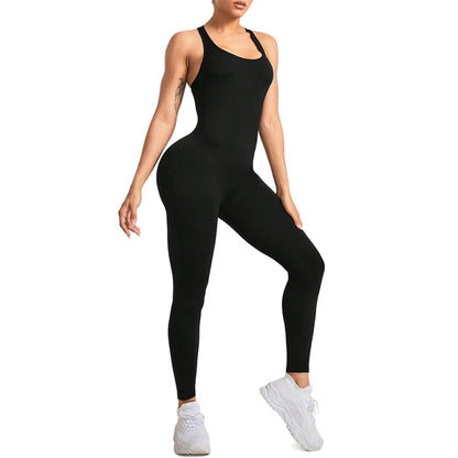 Macacões de treino sexy para mulheres, sem mangas Hollow Gym Bodycon, macacão de ioga sem costura, alças cruzadas