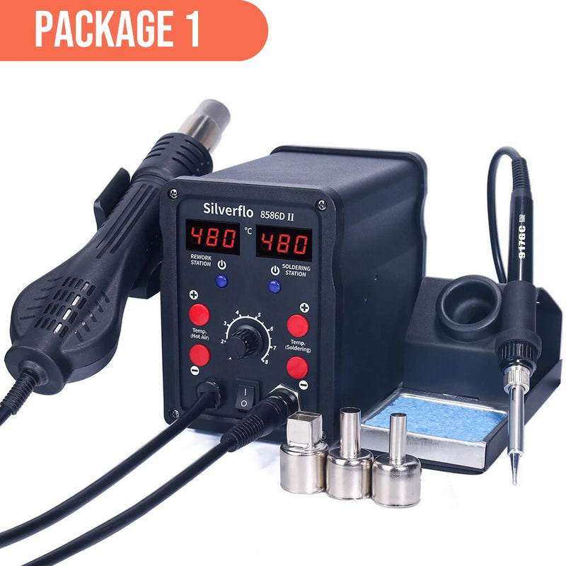 Silverflo 8586D Soldering Station 2 IN 1 Hot Air  Solder Station with 2 Digital display,10-Minute Sleep Mode for SMD Rework