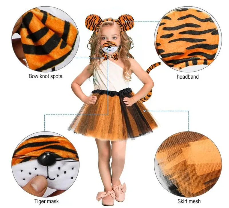 Animal Cat Tiger Cosplay Costume for Boys Girls Headband Clothes Shoes Tail Tutu Skirt Gloves Set for Kids School Performance