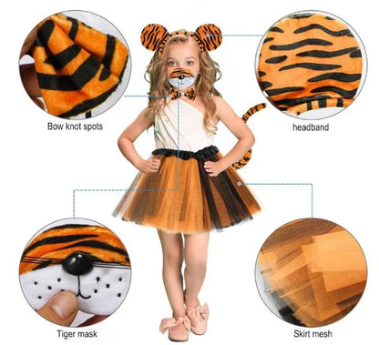 Animal Cat Tiger Cosplay Costume for Boys Girls Headband Clothes Shoes Tail Tutu Skirt Gloves Set for Kids School Performance