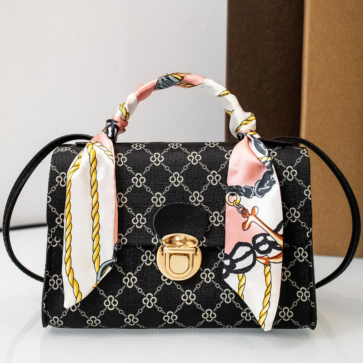 Casual Versatile Floral Print Shoulder Bag Simple Design Silk Scarf Handbag Fresh Sweet Style PVC Material Small Square Bag