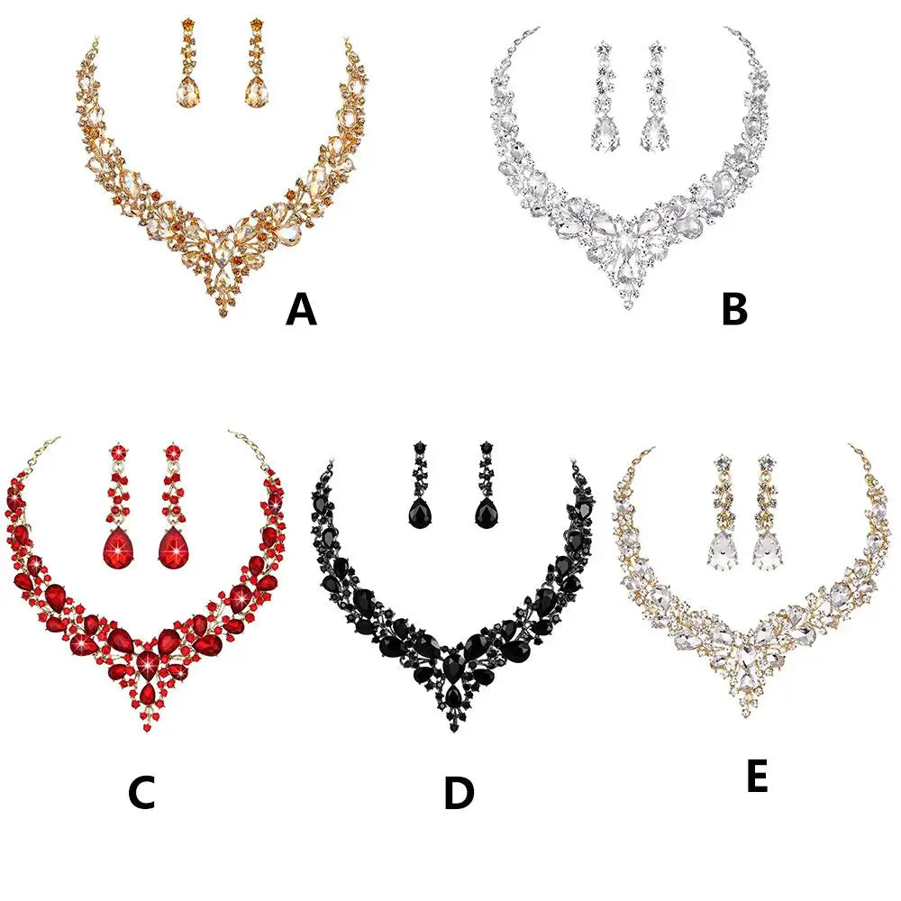 1 Set Women Jewelry Party Wedding Bridal Austrian Crystal Teardrop Cluster Statement Necklace Dangle Earrings Gifts For Her