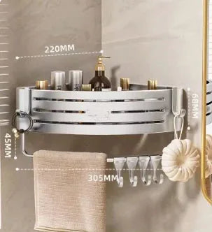 No Drill Bathroom Corner Shelf Wall Mounted Shower Corner Shelves with Hook Towel Bar Space Aluminum Bathroom Organizer Rack