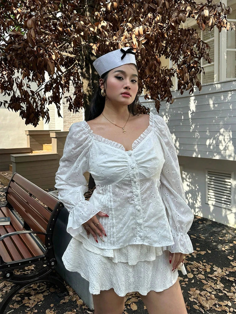 Plus size feminino cor sólida querida pescoço manga longa plissado bordado blusa elegante primavera verão novo