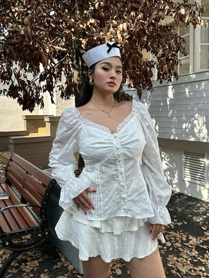 Plus size feminino cor sólida querida pescoço manga longa plissado bordado blusa elegante primavera verão novo