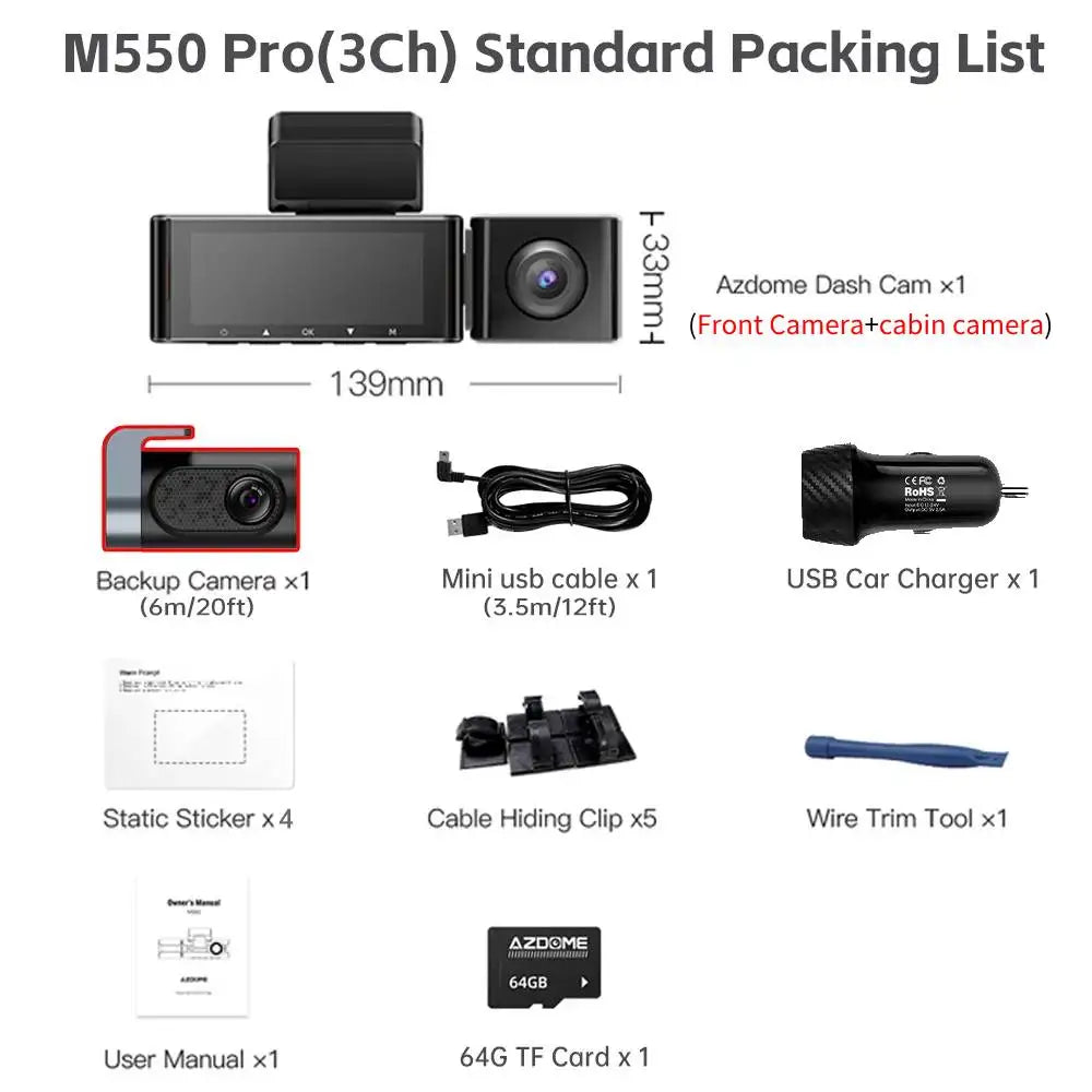 AZDOME M550 Pro 5.8Ghz WiFi 3 Channel Dash Cam 4K+1080P Built-in GPS 3.19" IPS Screen Car DVR IR Night Vision 24H Parking Mode
