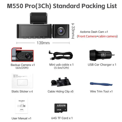 AZDOME M550 Pro 5.8Ghz WiFi 3 Channel Dash Cam 4K+1080P Built-in GPS 3.19" IPS Screen Car DVR IR Night Vision 24H Parking Mode