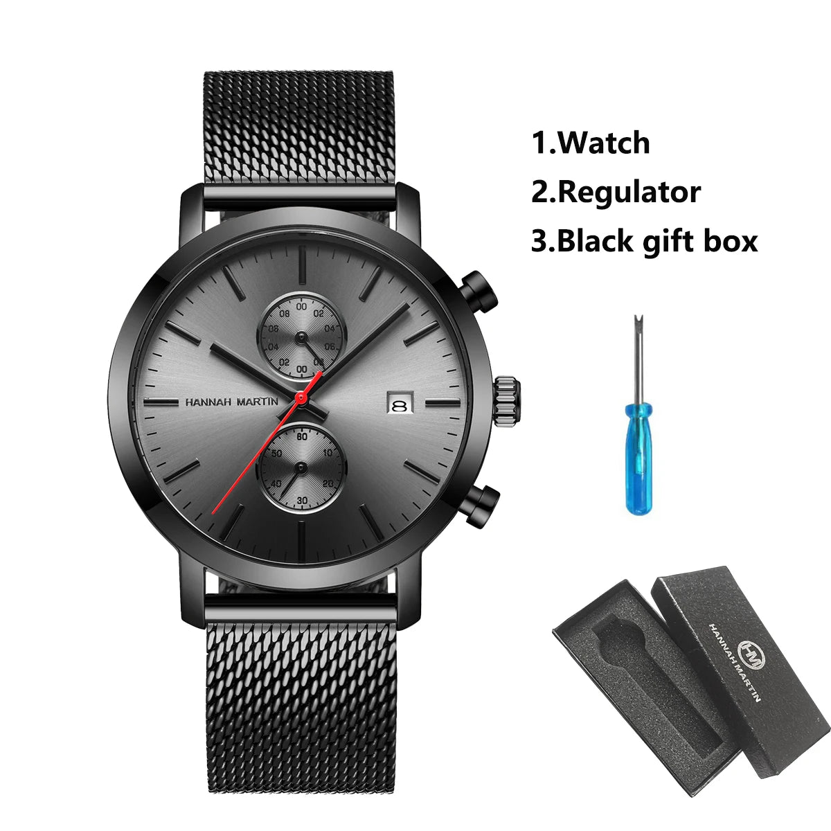HANNAH MARTIN Brand Men Watch Black Stainless Steel Waterproof Fashion Sports Multifunctional Quartz Wristatch Relogio Masculino