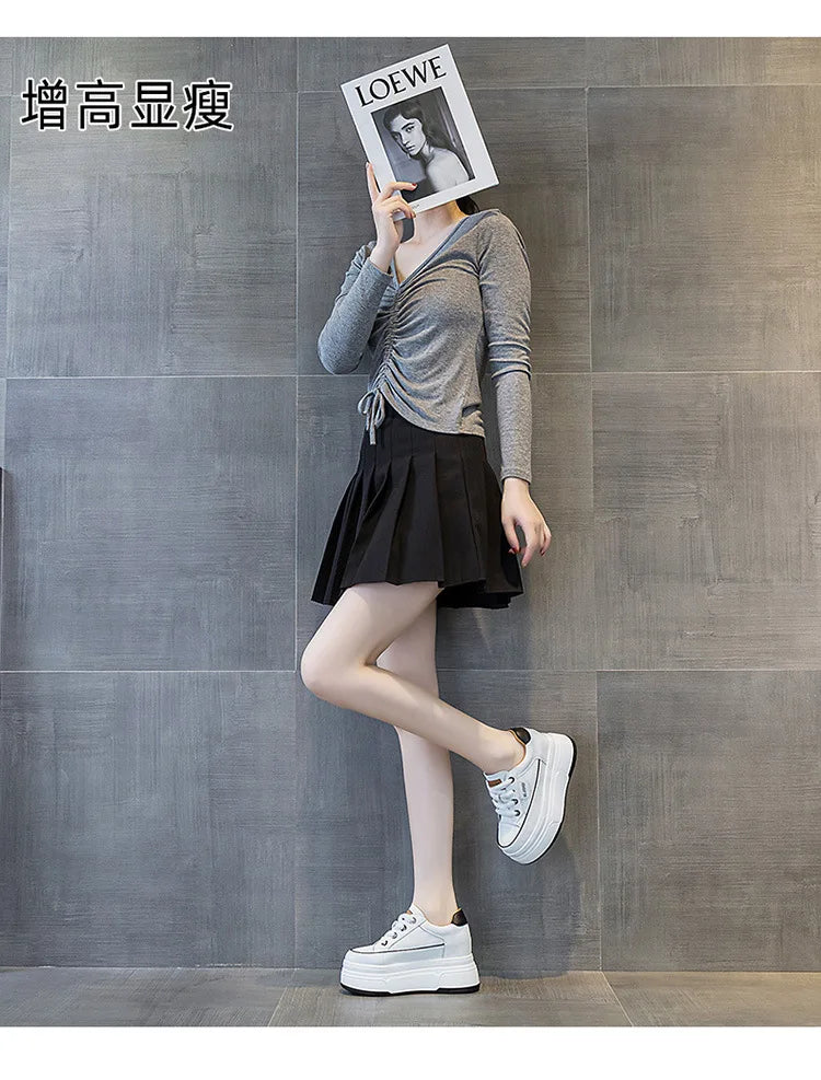 Fujin 9cm Cow Suede Genuine Leather Women Vulcanized Shoes Platform Wedge Skate Boarding High Brand Heels Casual Summer Shoes