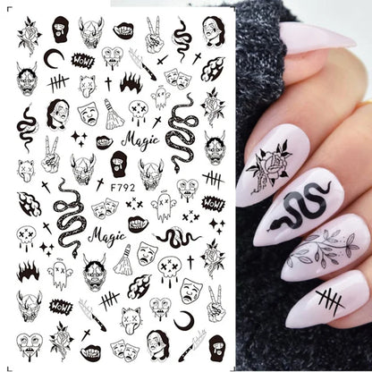 Cinturón negro 5D pegatinas en relieve gótico Halloween estilete calabaza calavera telaraña cremallera manicura uñas gel autoadhesivo decoración