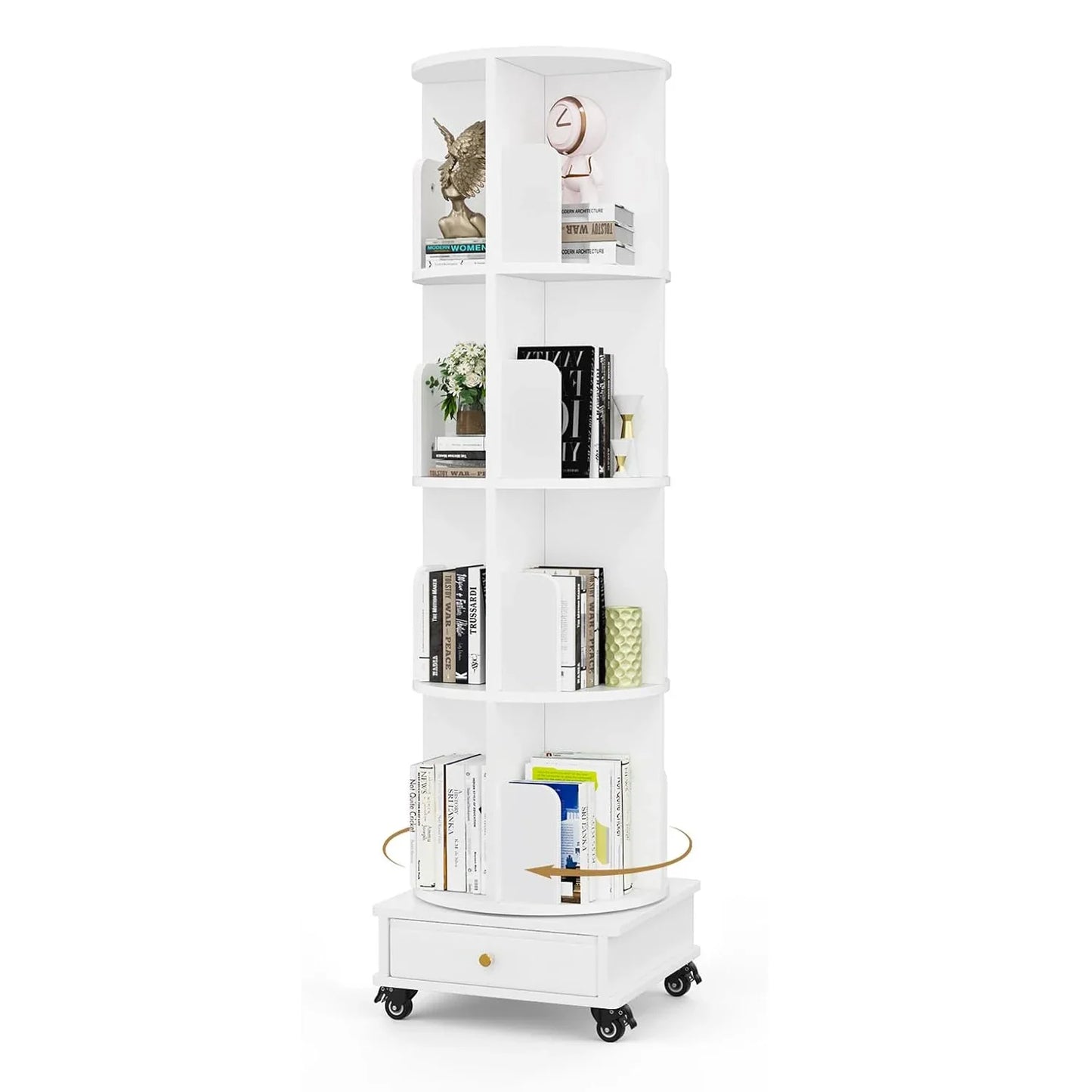 Wooden 4-layer Corner Bookshelf Can Rotating Movable Bookshelf With Single Drawer/Wheels/Storage Shelf For Study/Bedroom/Home