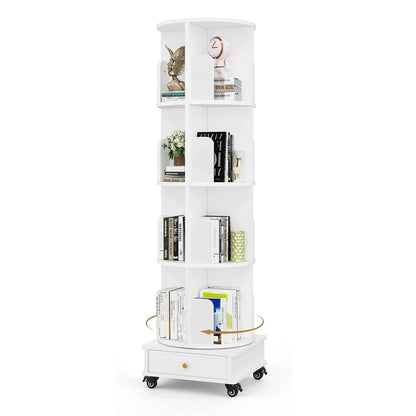Wooden 4-layer Corner Bookshelf Can Rotating Movable Bookshelf With Single Drawer/Wheels/Storage Shelf For Study/Bedroom/Home