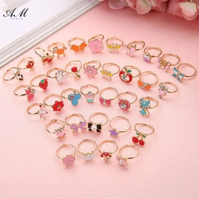 10 Pcs Adjustable Alloy Baby Girl Rings with Heart Shaped Box Cartoon Mix Finger Jewellery Rings Kid Girls Toys Random Color
