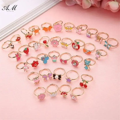 10 Pcs Adjustable Alloy Baby Girl Rings with Heart Shaped Box Cartoon Mix Finger Jewellery Rings Kid Girls Toys Random Color