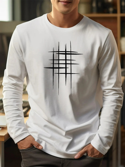Men's 100% pure cotton loose fit comfortable sports and leisure creative line pattern printed round neck long sleeved T-shirt