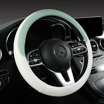 Perforated Nappa Leather Car Steering Wheel Cover Warm in Winter and Cool in Summer, Universal 15 Inch,  Anti-Slip, Odorless
