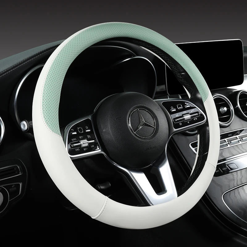 Perforated Nappa Leather Car Steering Wheel Cover Warm in Winter and Cool in Summer, Universal 15 Inch,  Anti-Slip, Odorless