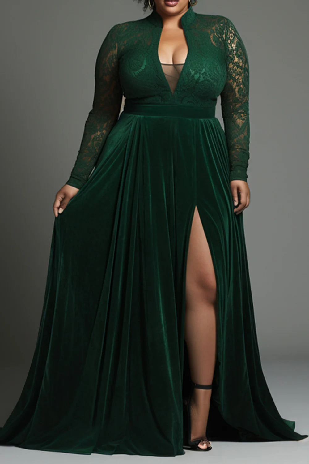 Plus Size Formal Emerald Green V Neck Long Sleeve Split See Through Lace Velvet Maxi Dresses