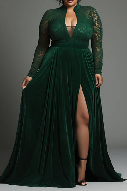 Plus Size Formal Emerald Green V Neck Long Sleeve Split See Through Lace Velvet Maxi Dresses