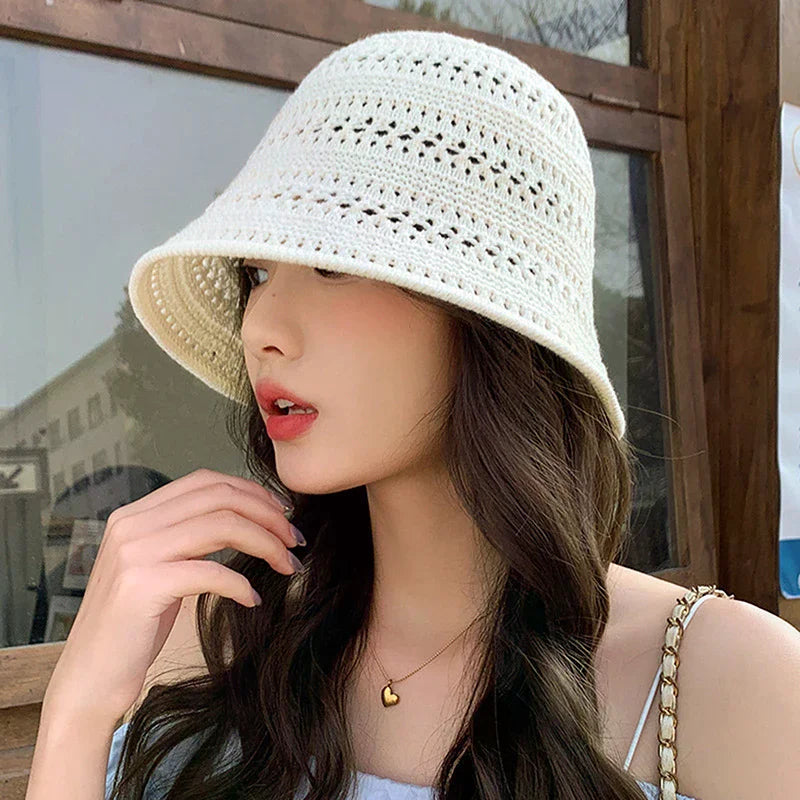 Summer Bucket Hat Fisherman Hat Women Hollow Out Sun Hat Outdoor Casual Versatile Panama Hats Crochet Foldable Caps Beach Cap