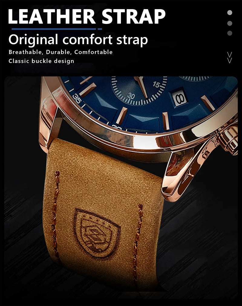 POEDAGAR Genuine Leather Men's Watch Fashion Luminous Calendar Stopwatch Male Clock Waterproof Moon Phase Quartz Wristwatch Man