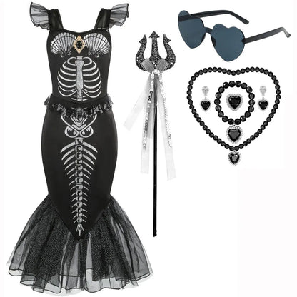 Halloween New Horror Skeleton Little Mermaid Costume Ariel Princess Black Skeleton Fishtail Dress Holiday Special Dress