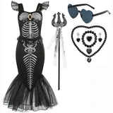 Halloween New Horror Skeleton Little Mermaid Costume Ariel Princess Black Skeleton Fishtail Dress Holiday Special Dress