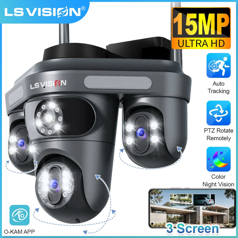 LS VISION 15MP Three Screen WiFi Camera Outdoor Three 360°Rotation PTZ IP Camera Human Auto Tracking Video Surveillance Cam CCTV