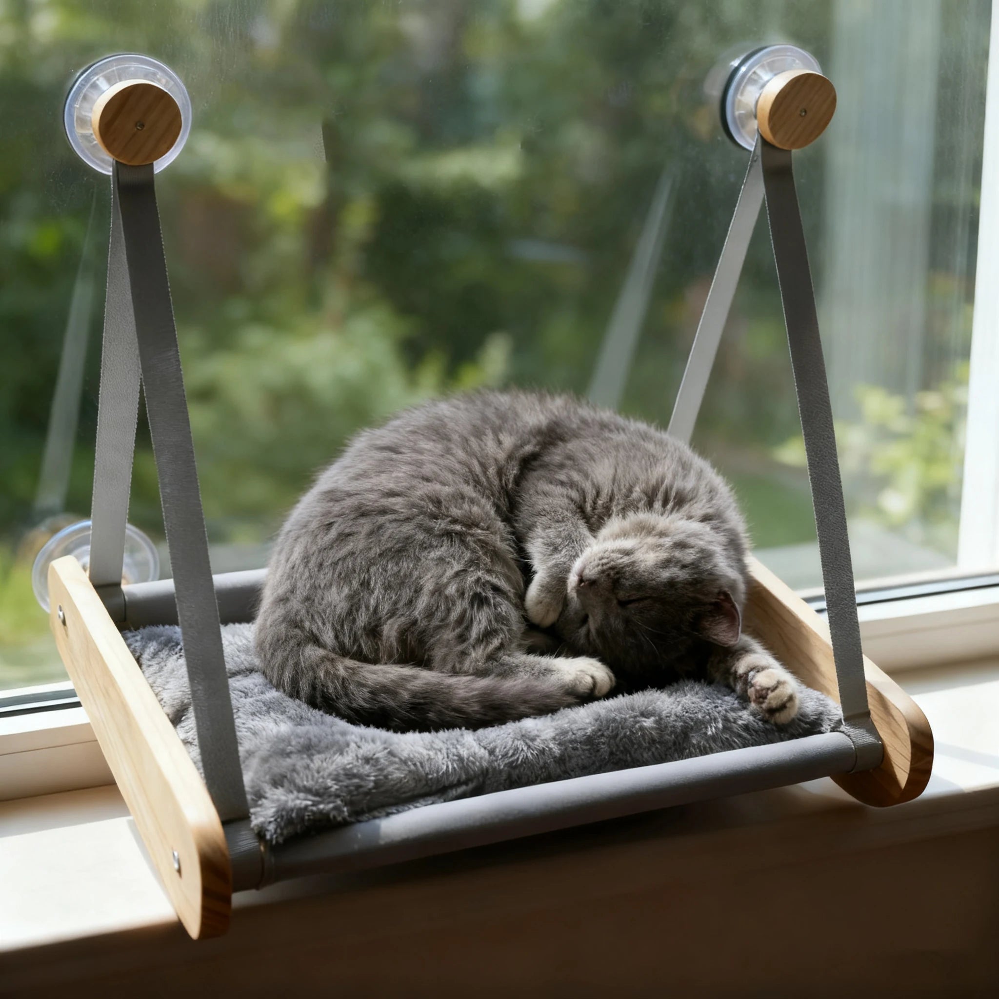 Wooden Cat Hammock with Suction Cups, Wall Mounted Sunning Lounge with Plush Pad - Cozy Hanging Bed for Indoor Cats