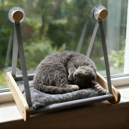 Wooden Cat Hammock with Suction Cups, Wall Mounted Sunning Lounge with Plush Pad - Cozy Hanging Bed for Indoor Cats