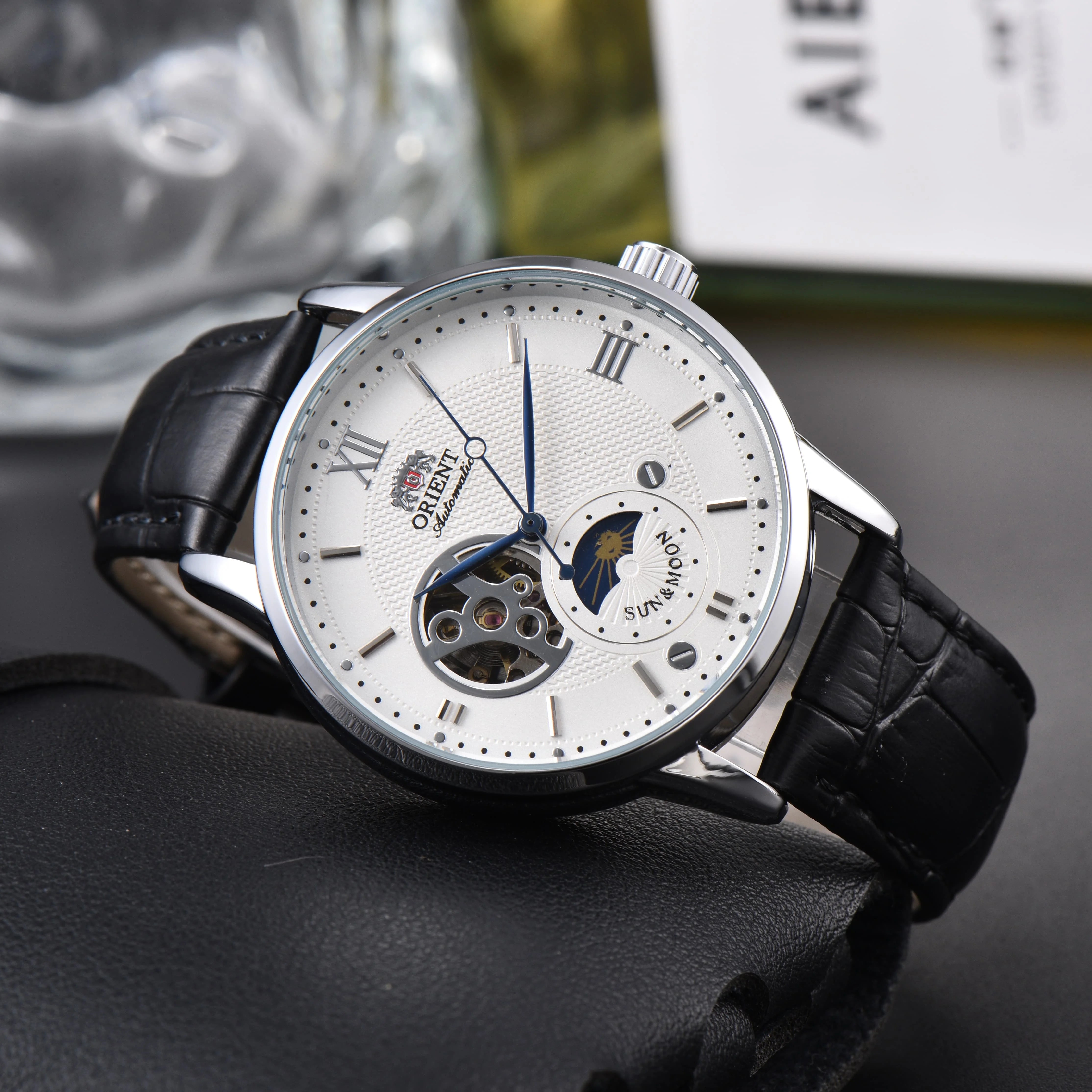 Orient Sun & Moon Semi Skeleton Automatic Watch Men's White Dial Black Leather Strap Sapphire Crystal 50M Water-Resistant Dress Watch