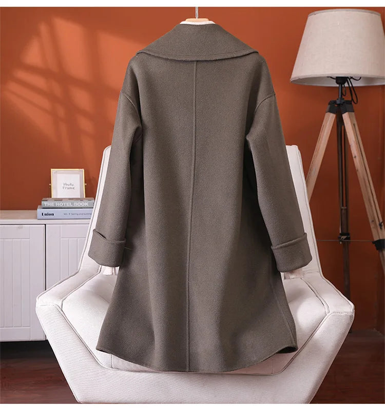 2025 Fashion Large Lapel Horn Button Women's Coat Autumn and Winter New Double-Sided Woolen 100%Pure Wool Warm Coat Large Pocket