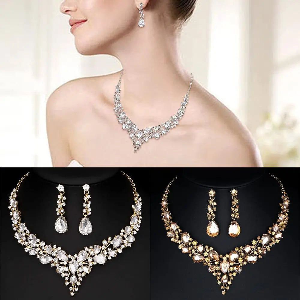 1 Juego de joyas para mujer, para fiesta, boda, novia, cristal austriaco, lágrima, racimo, collar llamativo, pendientes colgantes, regalos para ella