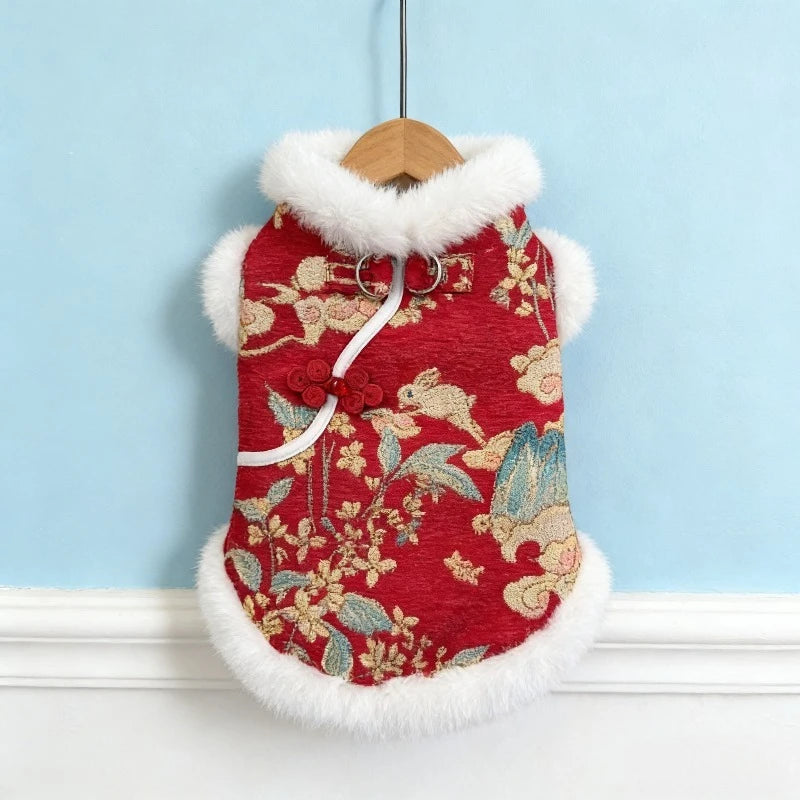 New Year Autumn Winter Double Layer Fleece Pet Clothes Chinese Style Jade Rabbit Design Warm Coat for Dogs Cats Festive Holiday