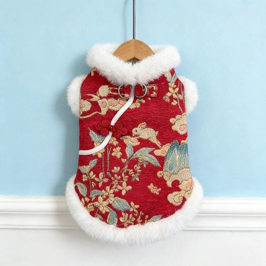 New Year Autumn Winter Double Layer Fleece Pet Clothes Chinese Style Jade Rabbit Design Warm Coat for Dogs Cats Festive Holiday