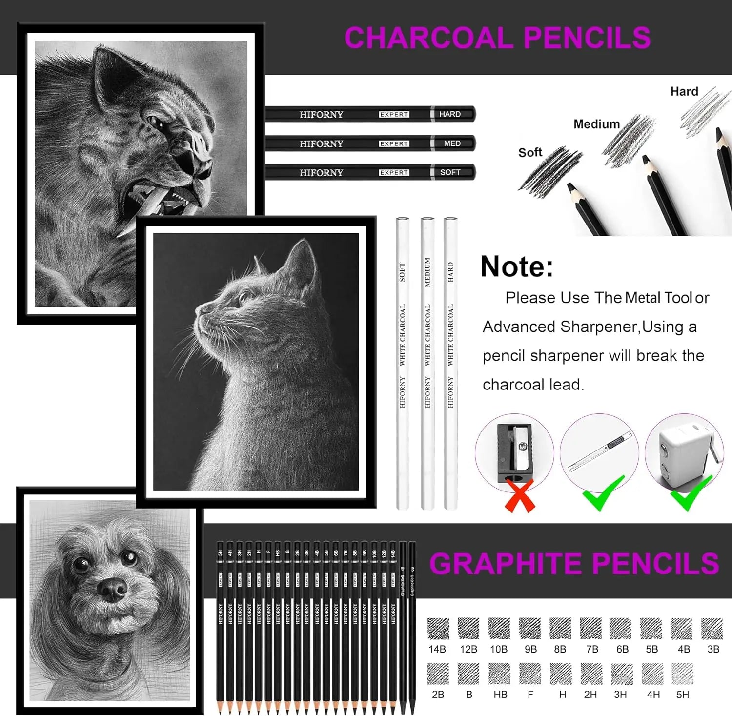 20/54/58/70/144 Drawing And Sketching Kit | Portable Travel Case | Graphite, Charcoal, White Color | Featuring Blending Stump