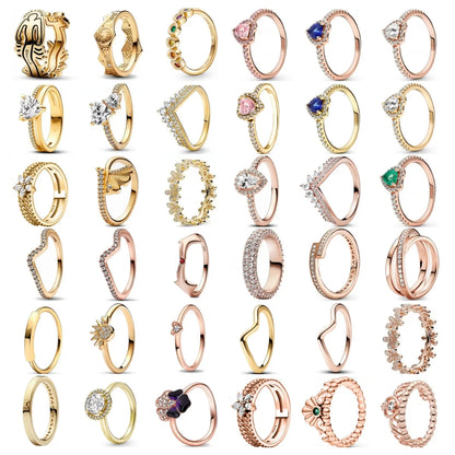 Anillo de plata 925 chapado en oro para mujer, con doble banda brillante y corazón, joyería fina Pandora original, 2024 