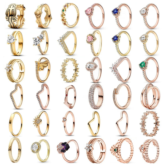 2024 New 925 Silver Gold Plated Ring For Women Sparkling Double Band Heart Finger Ring Original Pandora Fine Jewelry 