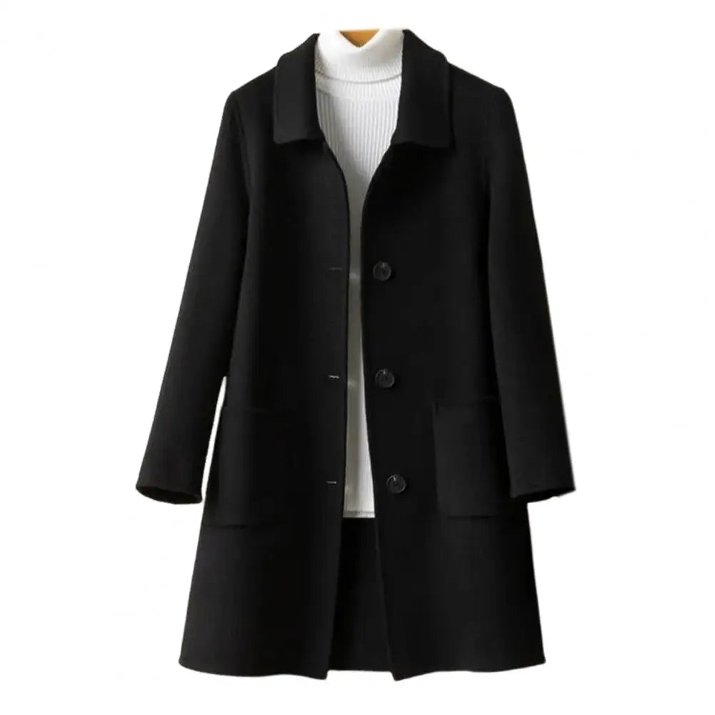 Abrigo de invierno de longitud media para mujer, color liso, cuello vuelto, botonadura sencilla, abrigo formal grueso para uso diario en la calle.