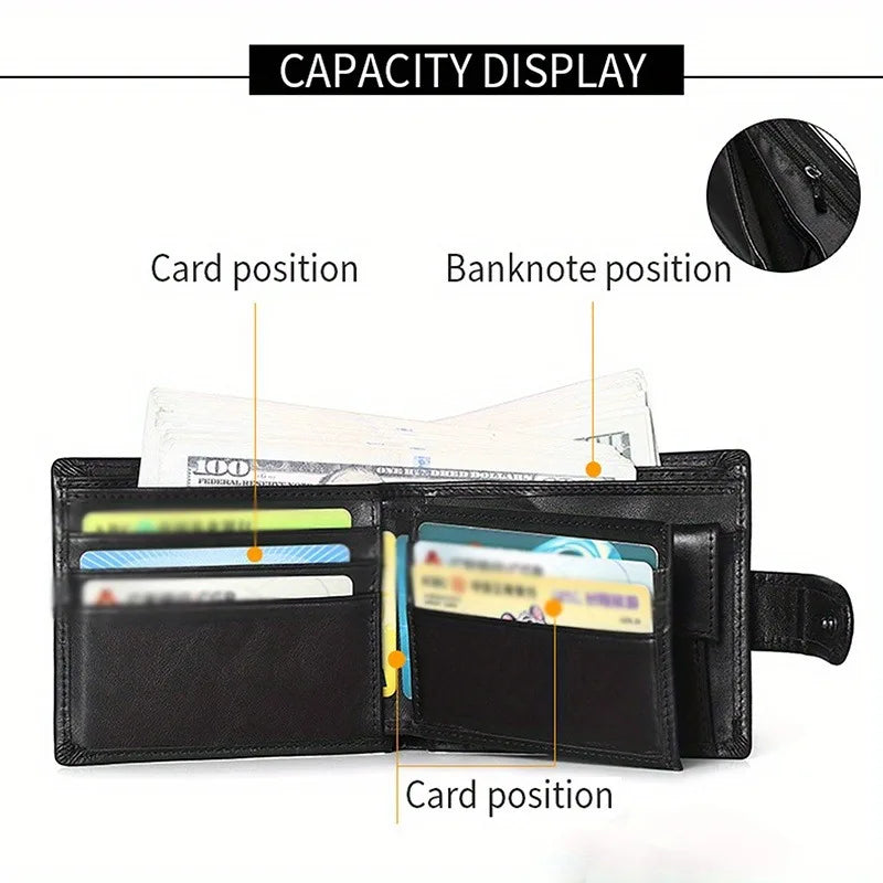 Men's Genuine Leather Wallet, Anti-Theft RFID Brush, Anti-Magnetic, Short Coin Purse, Large Capacity, Multi-Slot Buckle Wallet