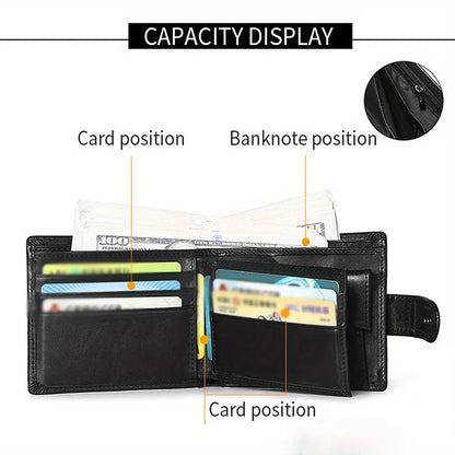 Men's Genuine Leather Wallet, Rfid Anti-Theft Brush, Anti-Magnetic, Short Coin Purse, Large Capacity, Multi-Slot Buckle Wallet