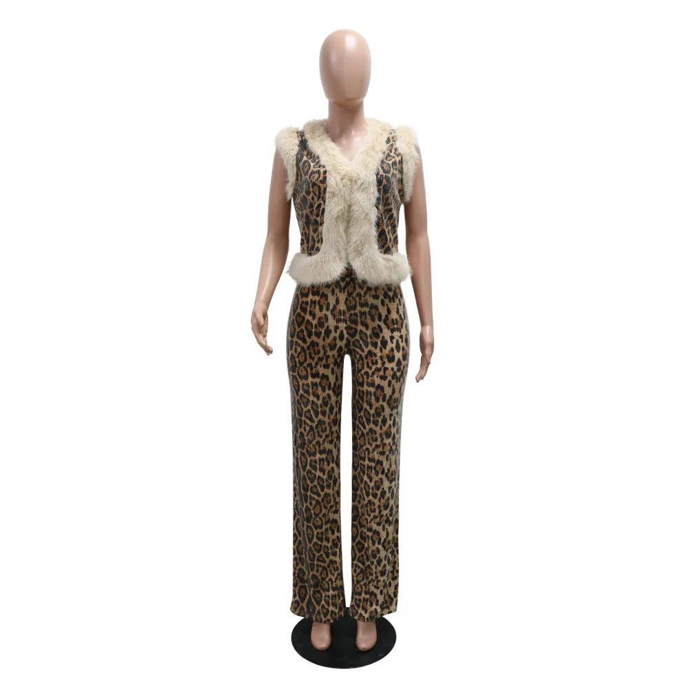 CM.YAYA Conjunto de mujer sin mangas de piel de leopardo con lentejuelas, cuello en V, chaleco de lana y pantalón, conjunto de 2 piezas Street Two 2024, chándal