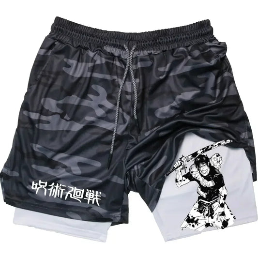 Men's Sports Shorts Anime Performance Shorts Printed Men GYM Casual Sport Compression Shorts Workout Running Mesh 2-in-1 Shorts