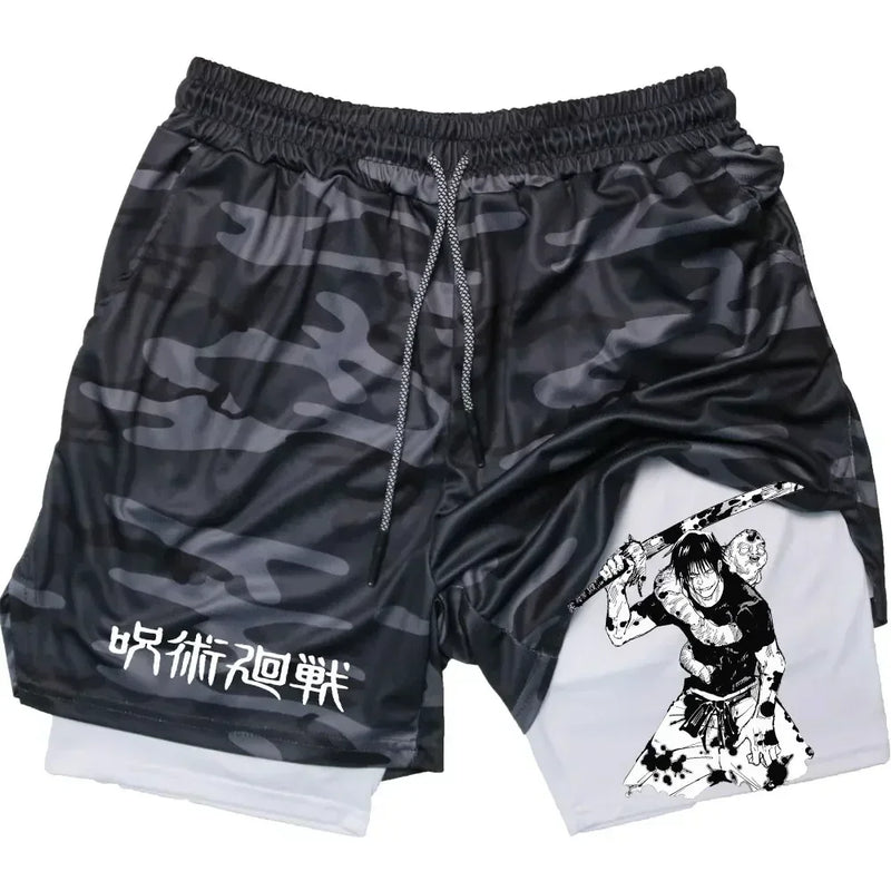 Men's Sports Shorts Anime Performance Shorts Printed Men GYM Casual Sport Compression Shorts Workout Running Mesh 2 in 1 Shorts