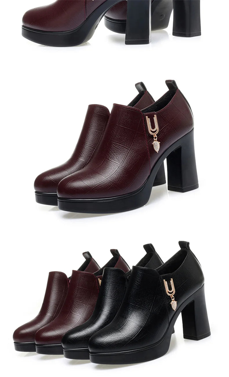 Comfortable Deep Mouth Soft Leather Anti-slip  Shoes Platform Spring 2024 Women's Block Black High Heels Office Mother Shoes