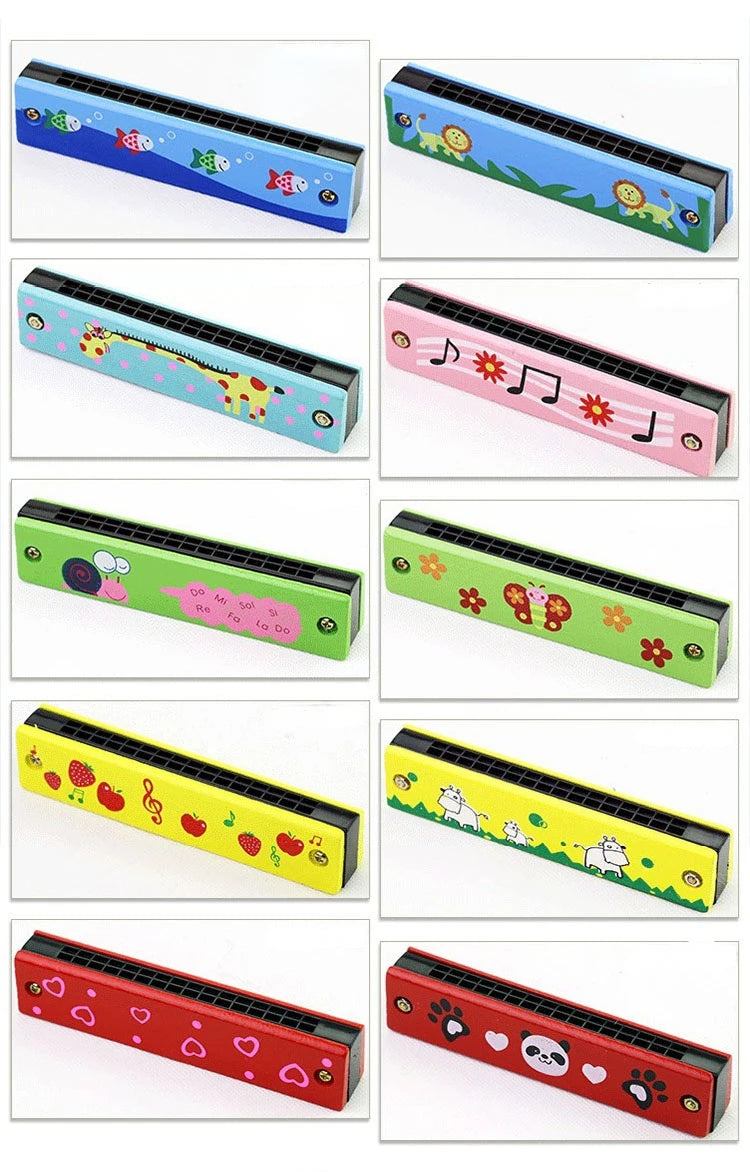 Armónica de madera de 16 agujeros con animales de dibujos animados, instrumento musical de juguete pintado, juguetes educativos tempranos para niños, regalos